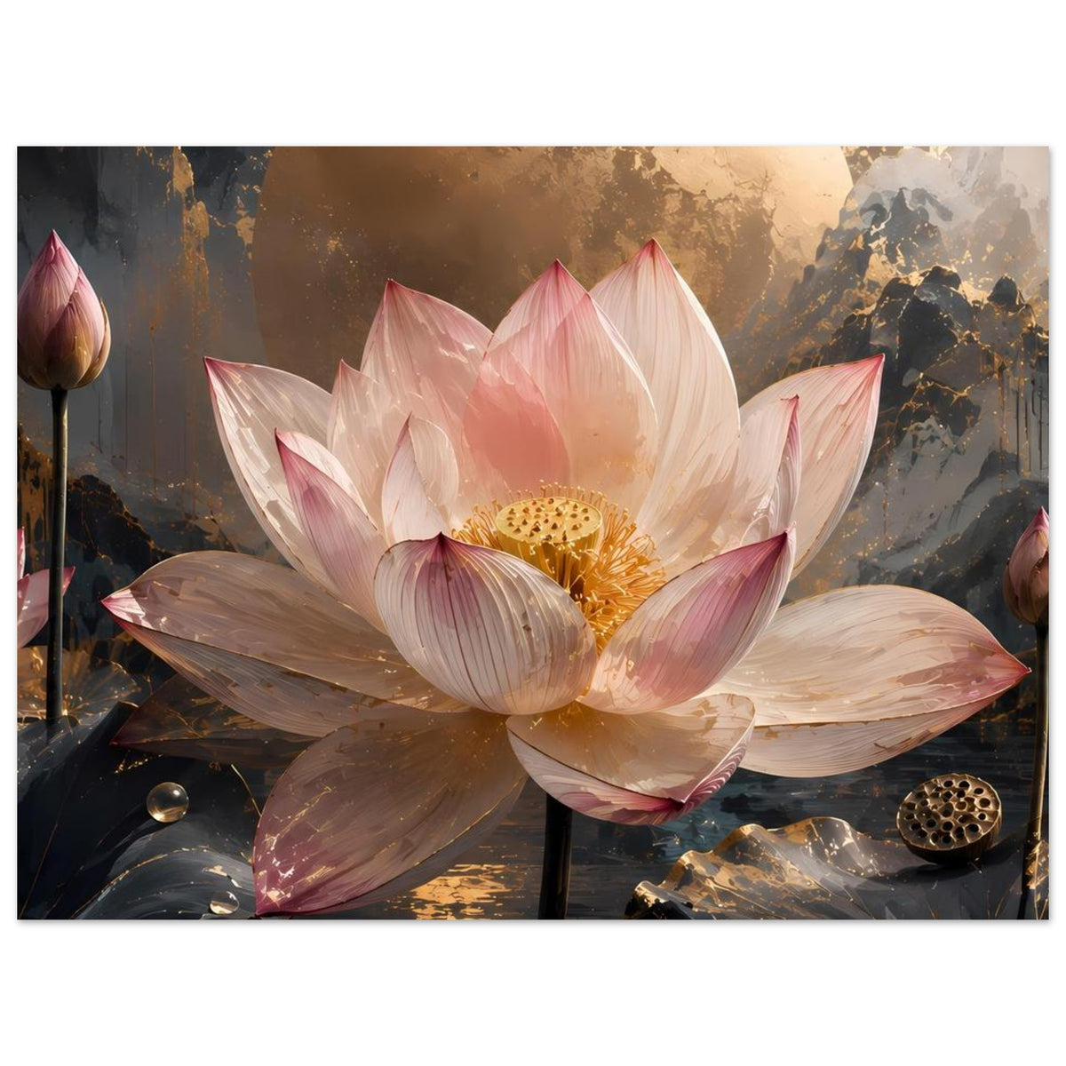 Poster mit rosa Lotusblüte, goldener Staubnarbe und goldenem Mond, dunkle Blätter