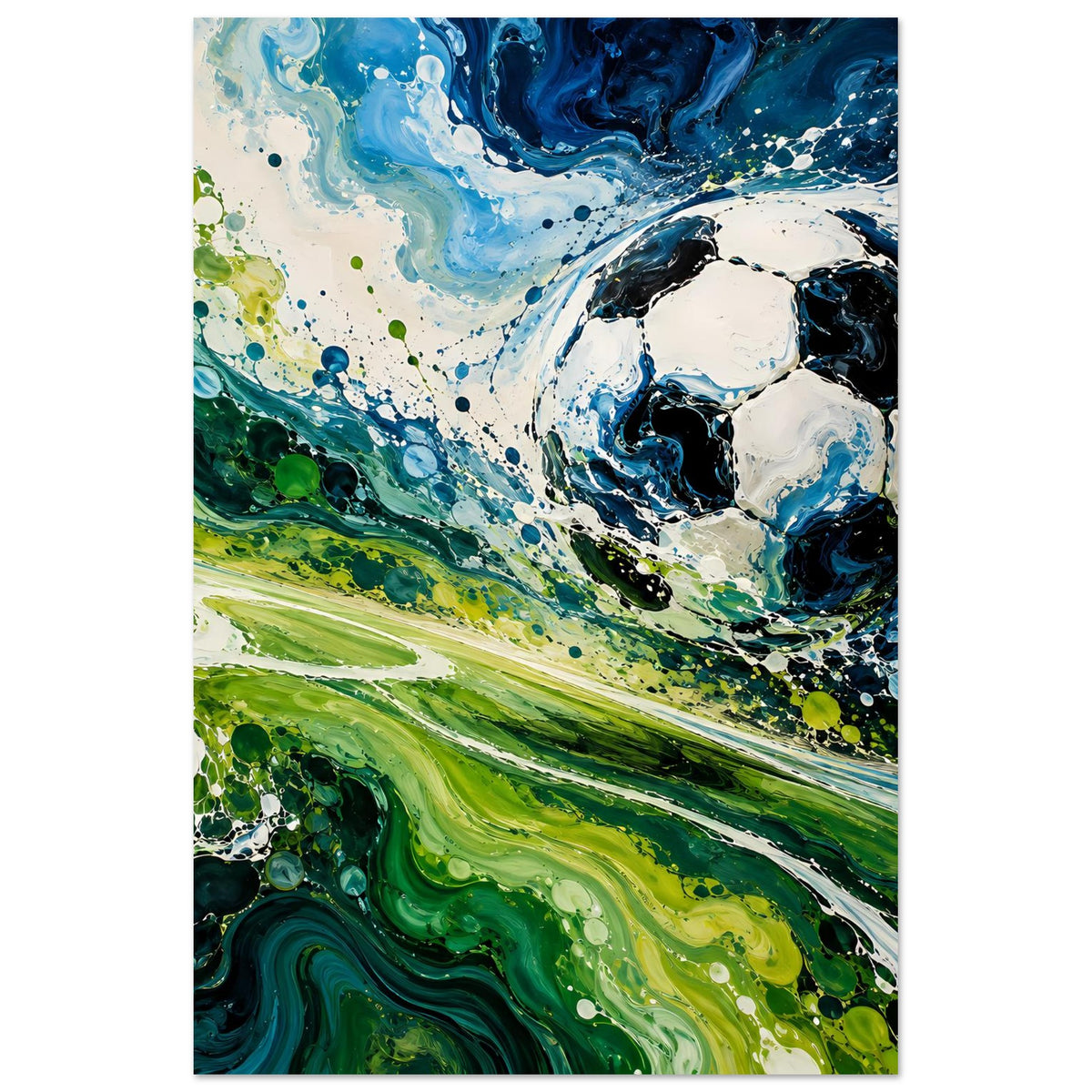 Fußball-Kunstposter im Hochformat: blaugrünes Wirbelbild mit Ball und Farbspritzern