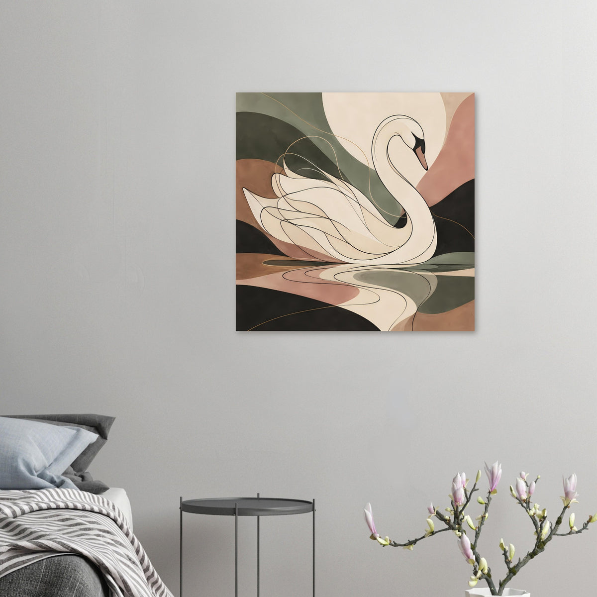 Kleines Wandposter mit minimalistischer Schwanillustration in sanften Naturfarben