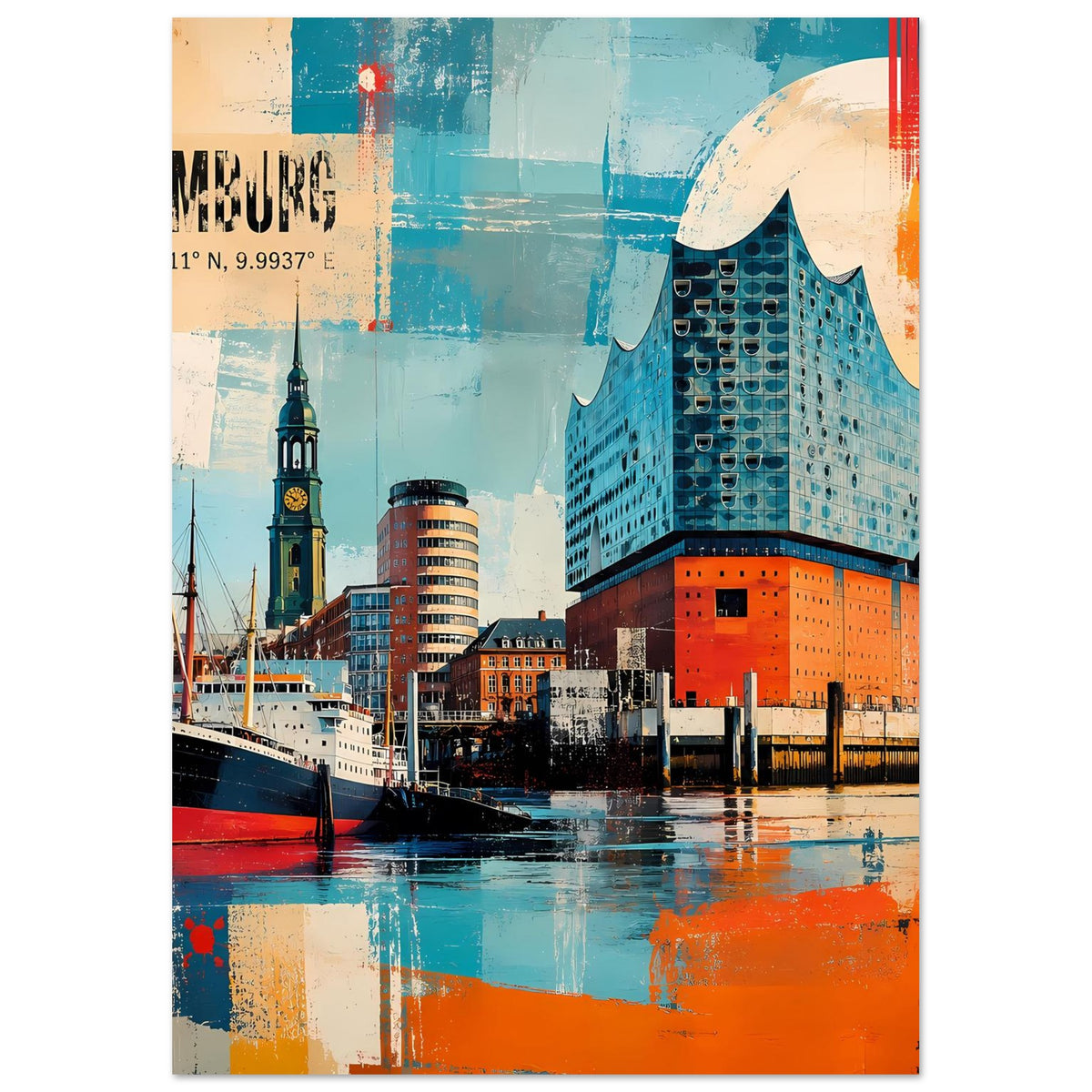 Poster mit Hamburger Hafen und Elbphilharmonie, türkis-orange, vertikal zugeschnitten