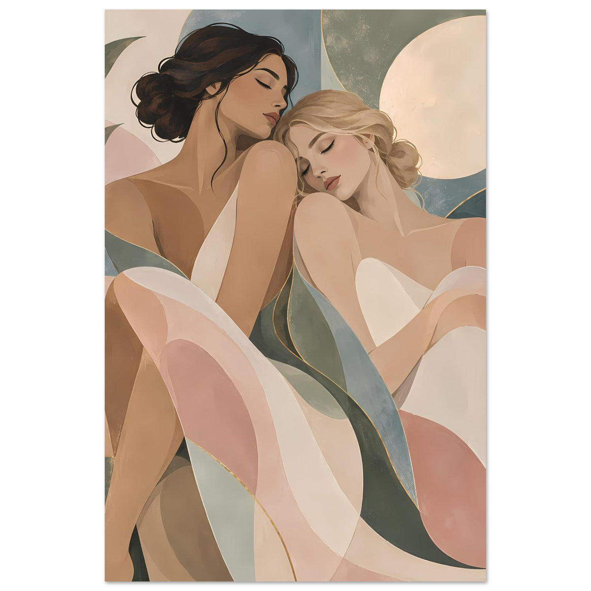 Kunstposter mit zwei Frauen in Pastellfarben, Art-nouveau-Stil und goldenen Akzenten