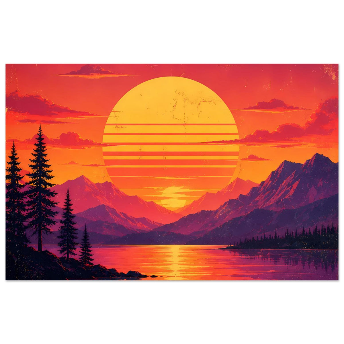 Querformat-Poster mit Retro-Landschaft: Sonne, Berge und Bergsee in warmem Orange und Violett