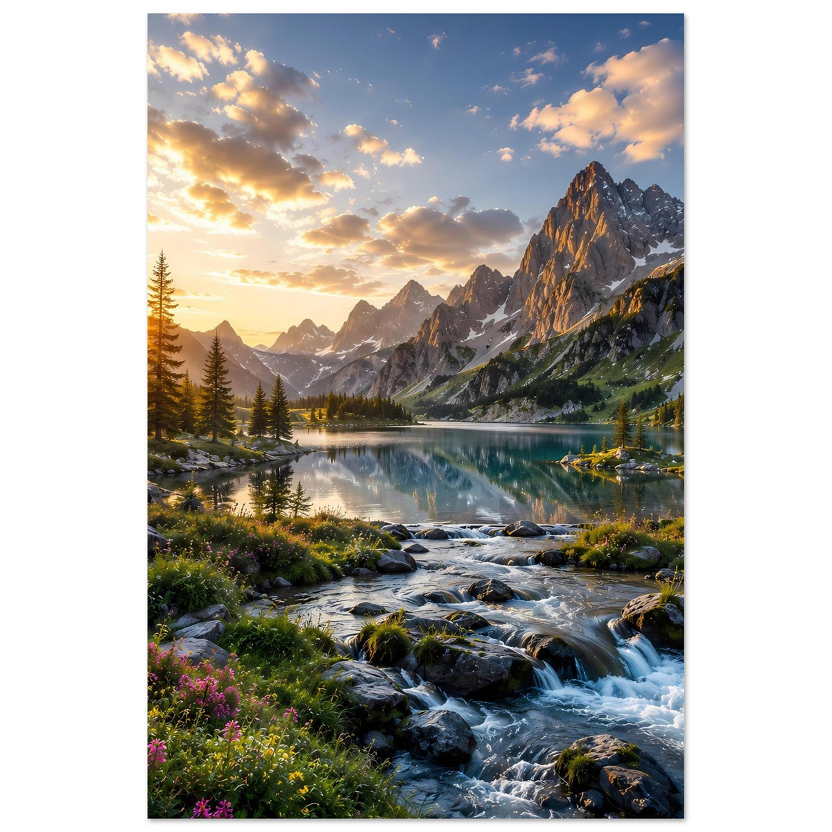 Vertikales Berglandschafts-Poster mit Sonnenaufgang, See und Bachlauf vor Alpengebirge