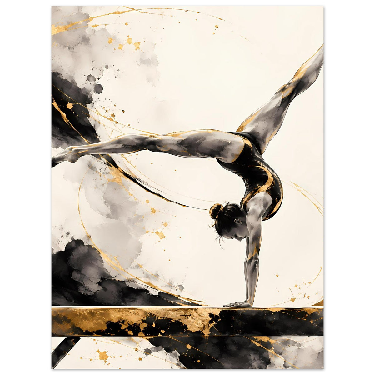 Gymnastikposter mit Turnerin im Handstand, schwarze Farbfelder und goldene Sprenkelverläufe