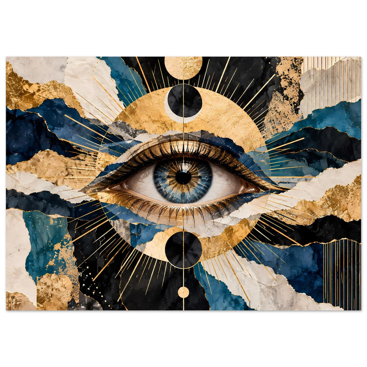 Querformat-Kunstposter mit stilisiertem Auge, Gold-Details, tiefblau und schwarz