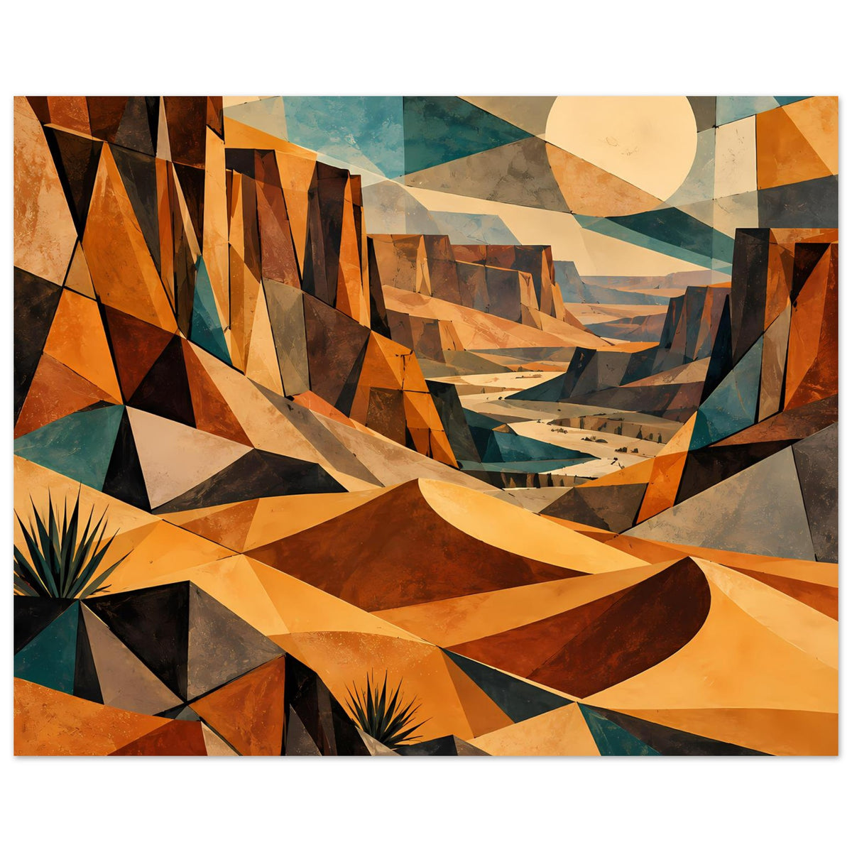 Wüstenlandschaft-Poster mit geometrischem Wüstenmotiv in warmen Orange-, Braun- und Türkistönen, gerahmt.
