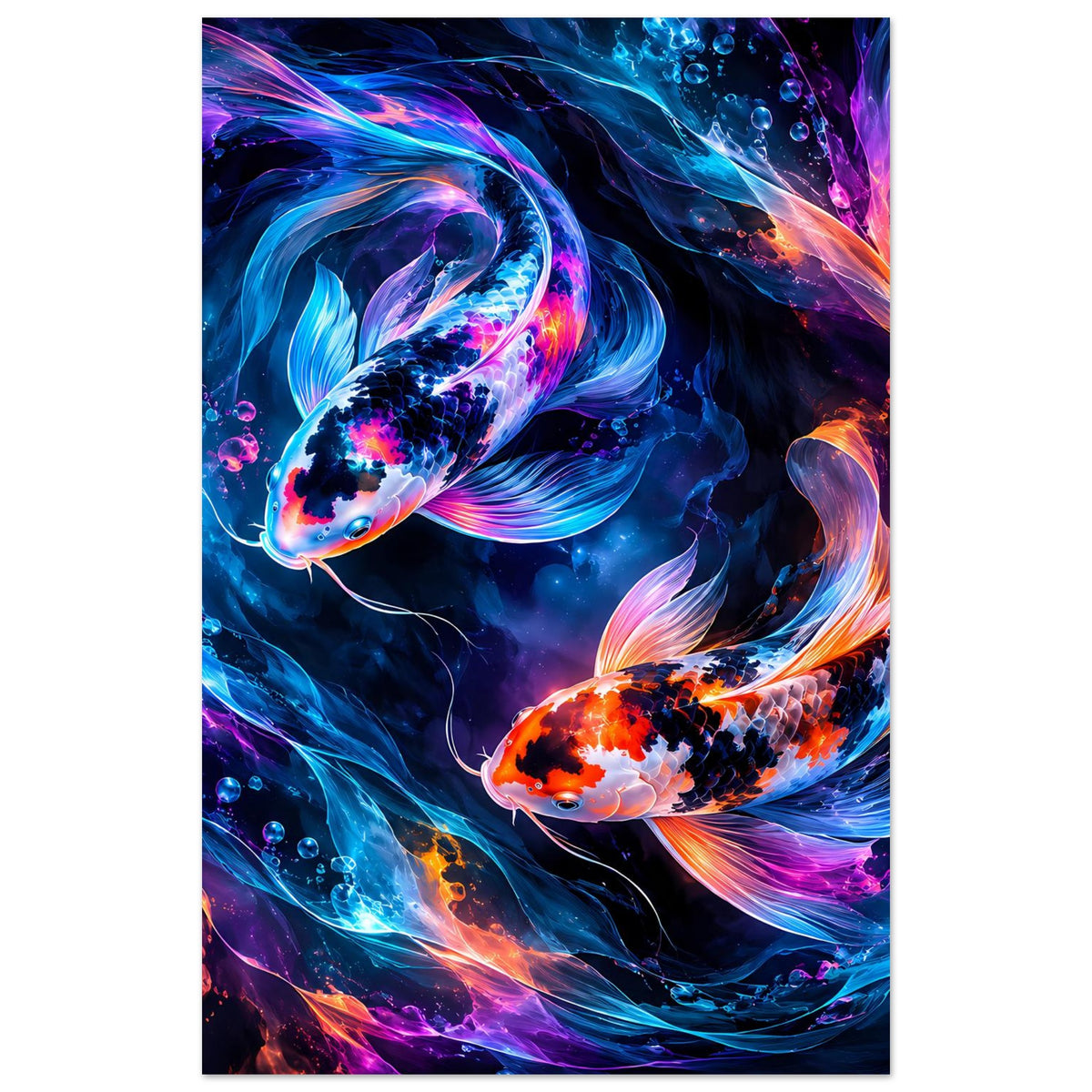 Poster mit zwei leuchtenden Koi-Fischen, blau und orange, umspielt von Wasserblasen und Lichtlinien