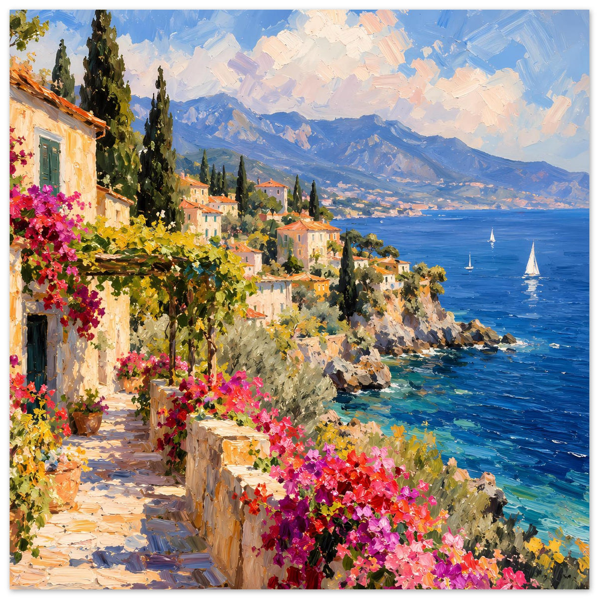 Mediterranes Küstenposter (Querformat): Küstenpromenade mit Blumen, Meer und Segelbooten