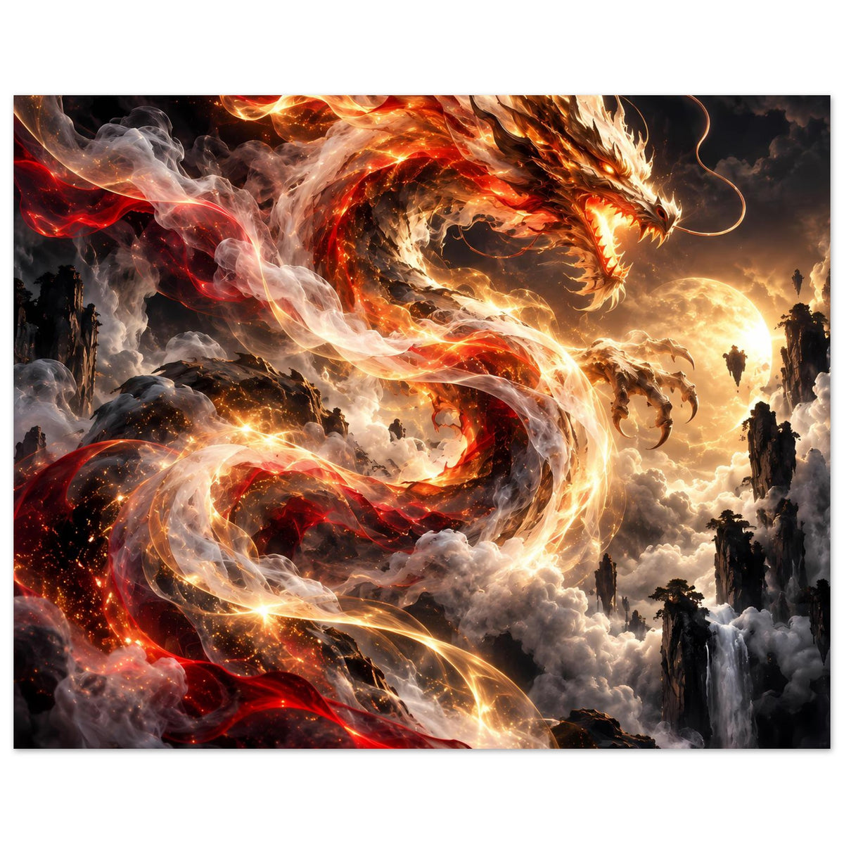 Fantasy-Poster mit feuerspeiendem Drachen, leuchtende Rot-Gold-Flammen und Rauchwolken