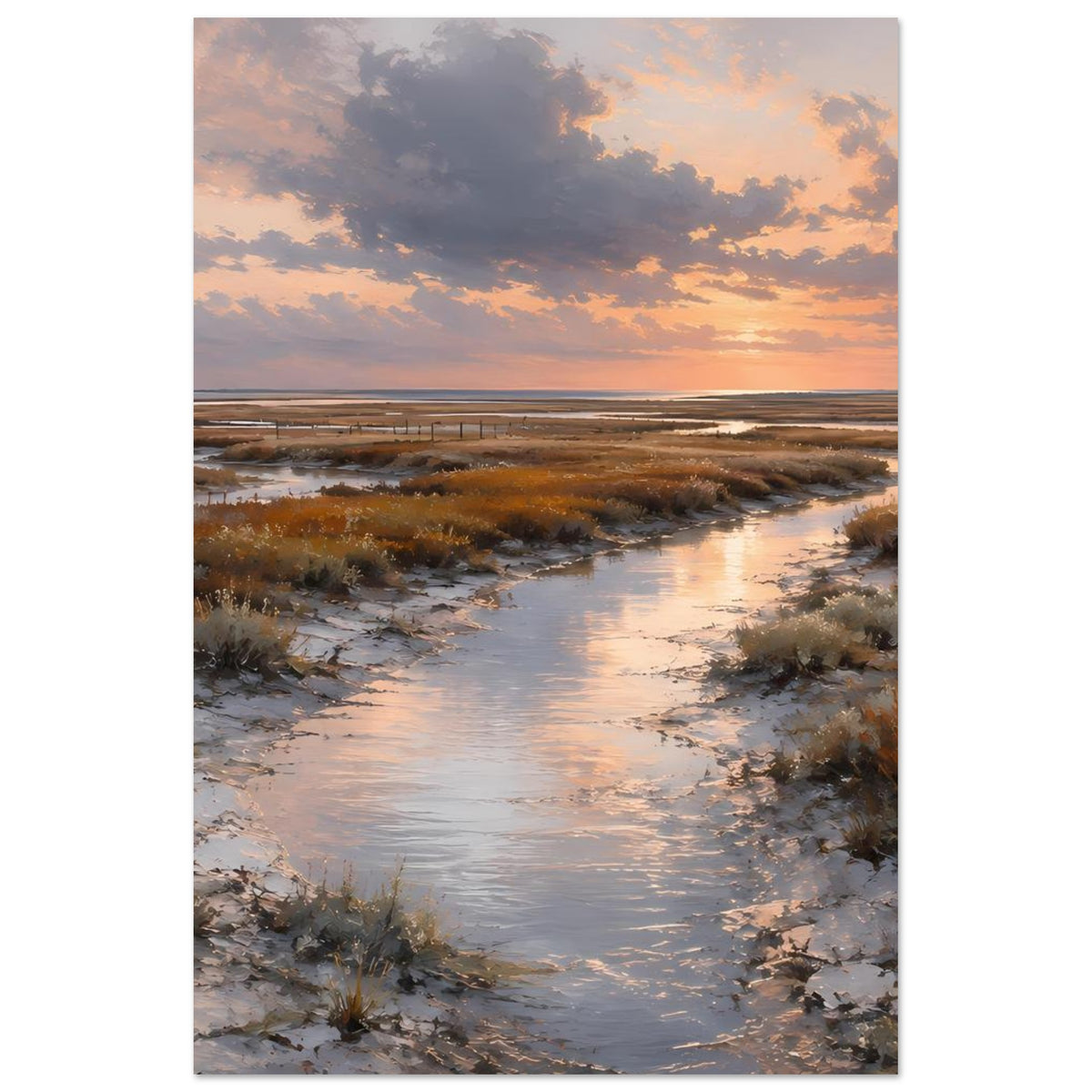 Poster mit Meeresbuchten und Dünen, ruhiges Wasser mit goldener Abendsonne