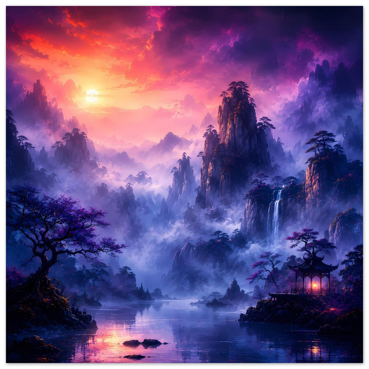 Fantasy-Poster mit Sonnenuntergang, violetten Nebelbergen, See, Wasserfall und leuchtenden Fenstern