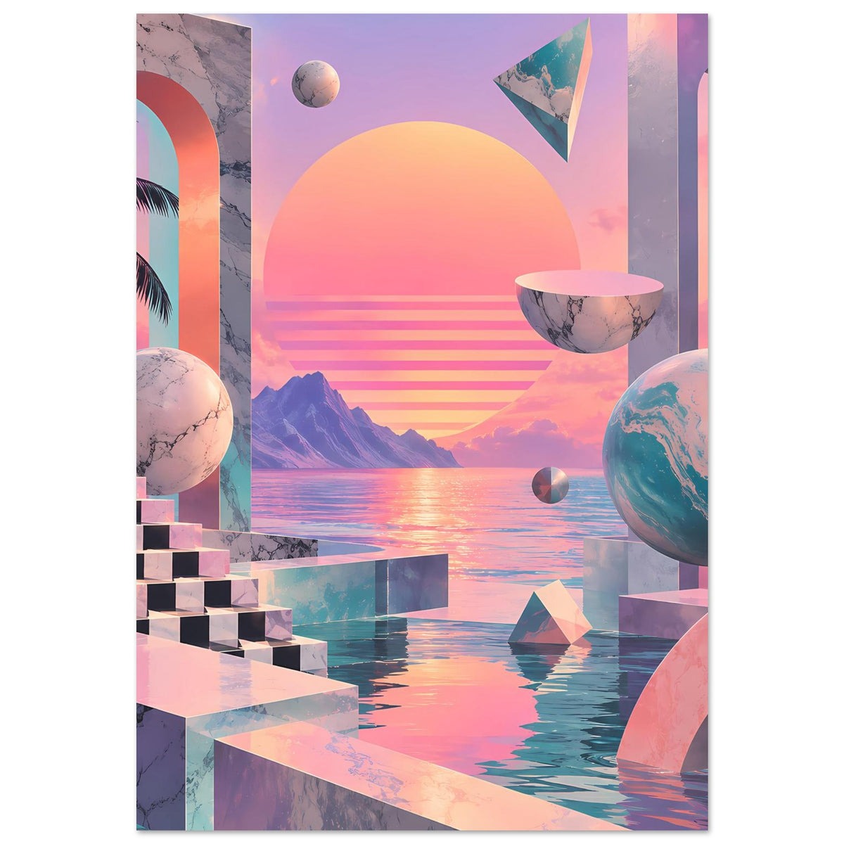 Poster mit geometrischen Stufen, großen Kugelmotiven und pink-blauem Himmel