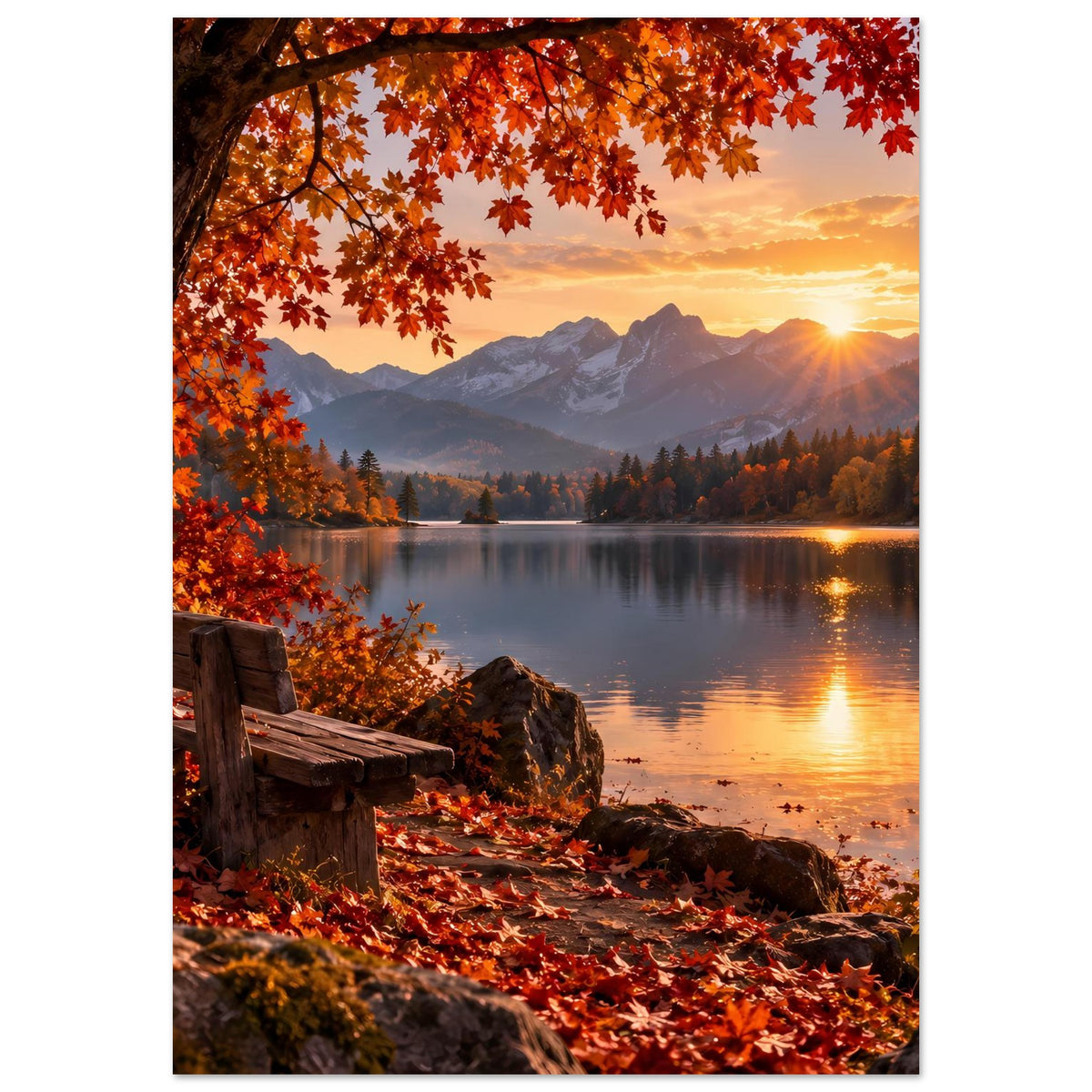 Poster mit Herbstlandschaft: gelassener See mit Spiegelung, Berge im Abendlicht