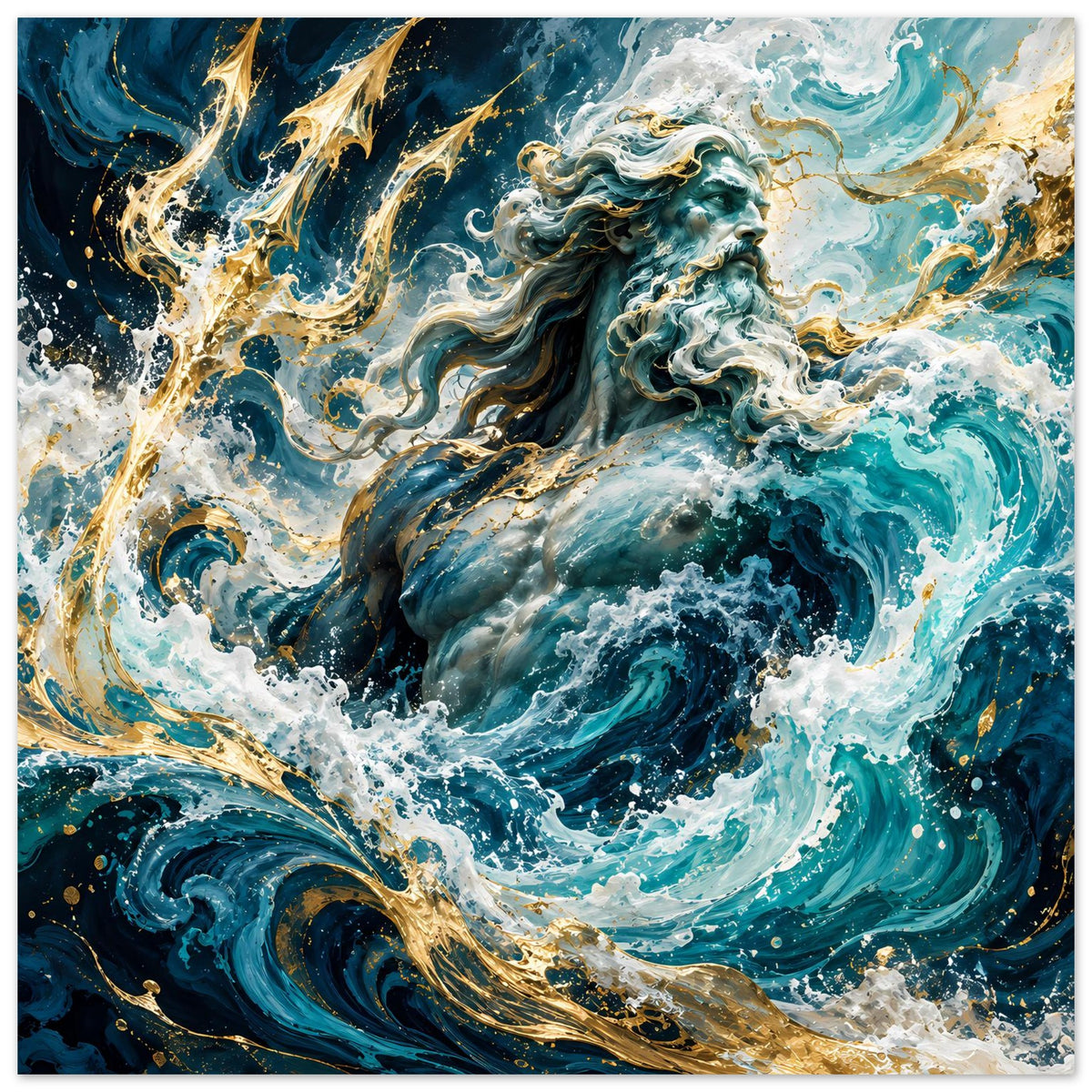 Quadratisches Meeresgott-Poster: türkisblaues Wasser, goldene Energie und weiße Wellen