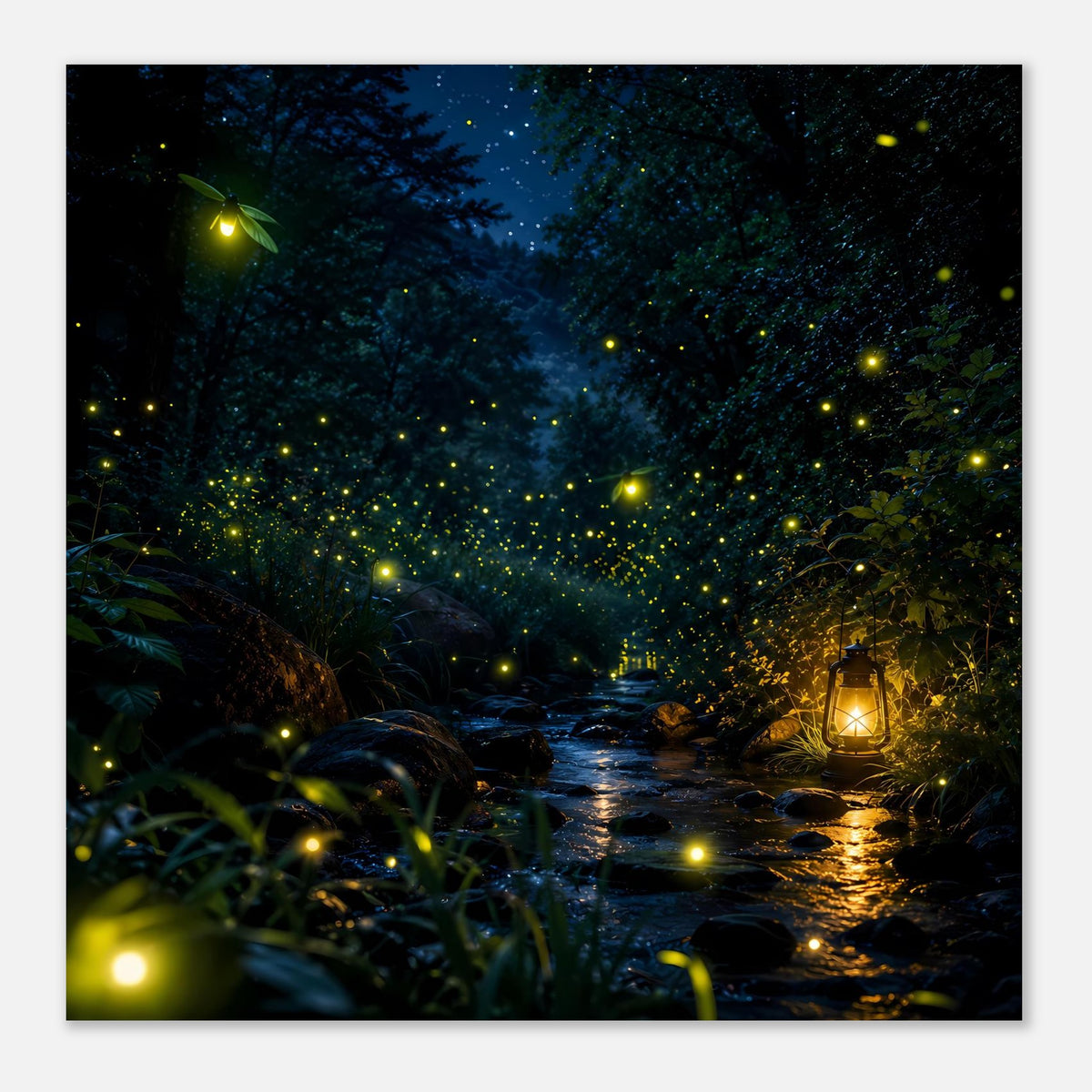 Querformat-Poster: leuchtende Glühwürmchen im Wald über dem Bachlauf, Laterne rechts