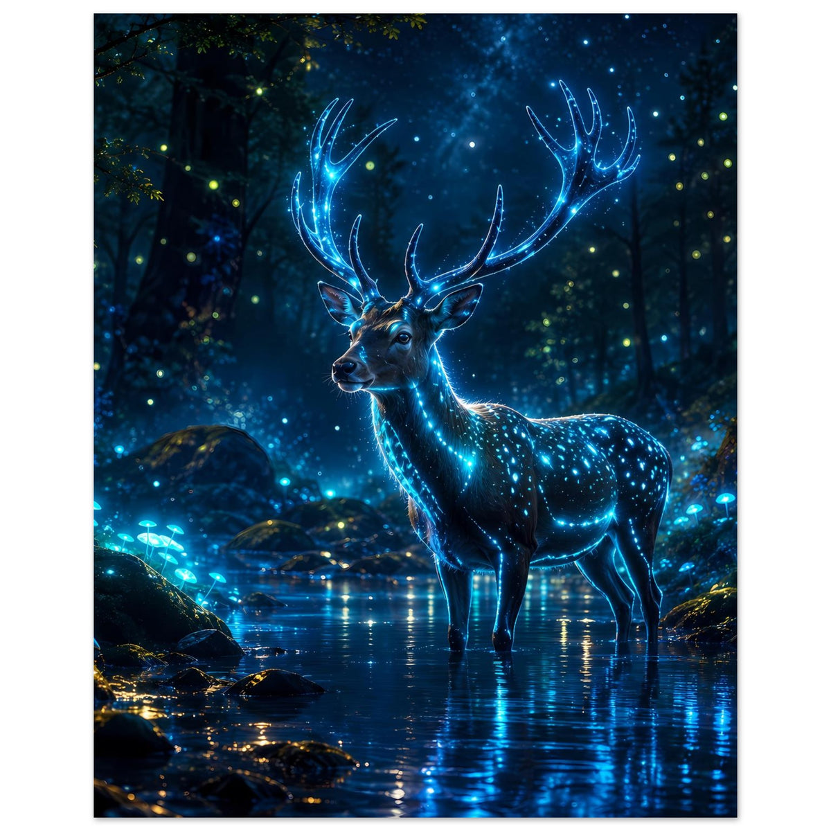 Poster mit leuchtendem Hirsch im Wald, blau schimmerndes Fell, vertikale Darstellung