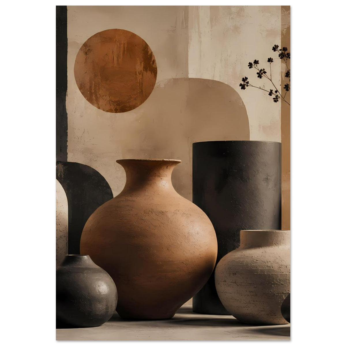 Poster mit Keramikvasen: zentrale Terrakotta-Amphore, schwarze und beige Krugvasen vorn