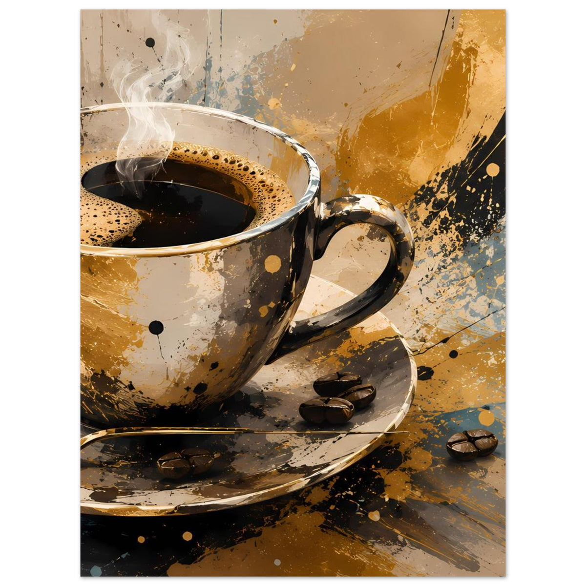 Kunstposter mit Kaffeetasse, Dampf und Untertasse, dazu Kaffeebohnen und Spritzmuster