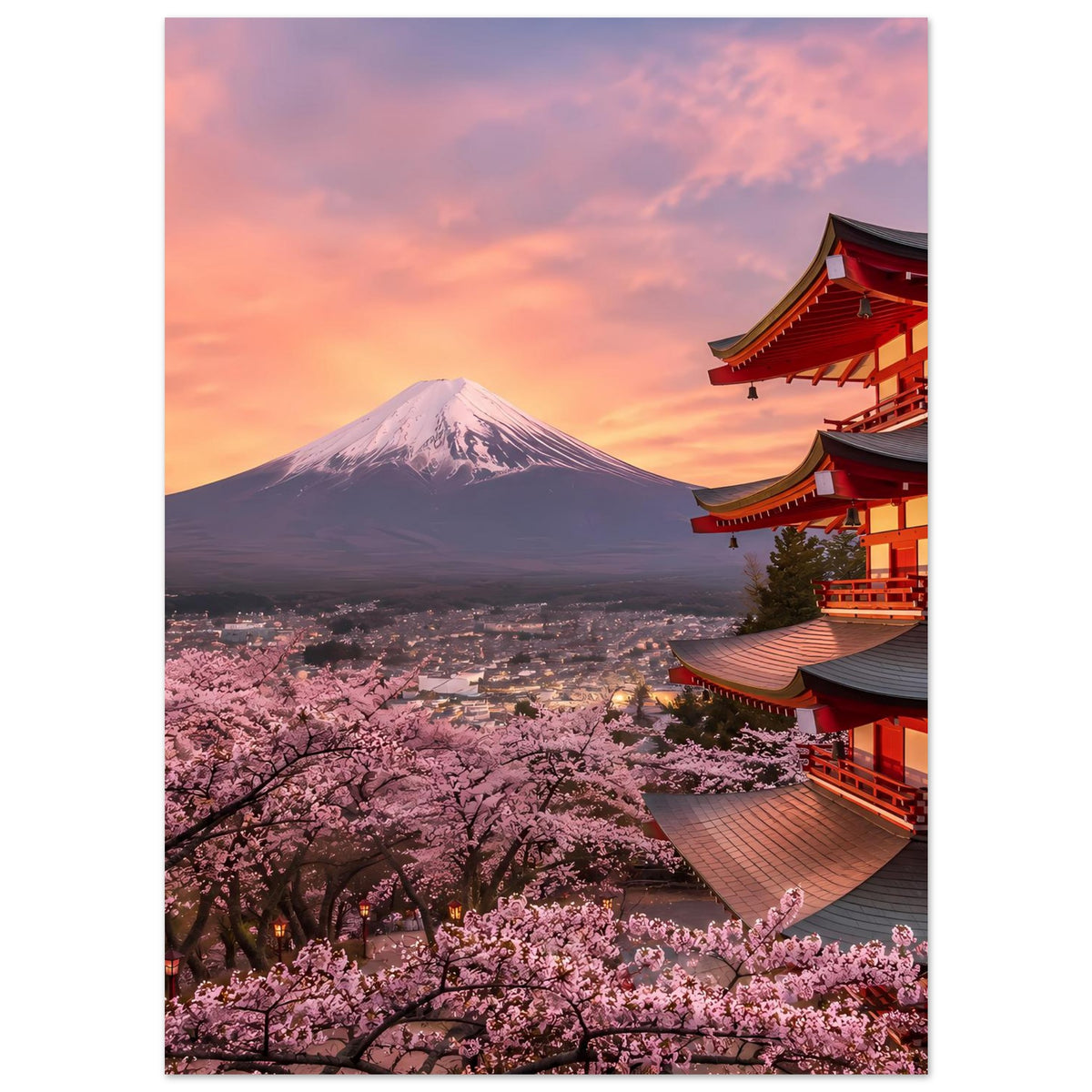 Hochformat-Poster mit Fuji-Vulkan, Kirschblüten und roter Tempelarchitektur