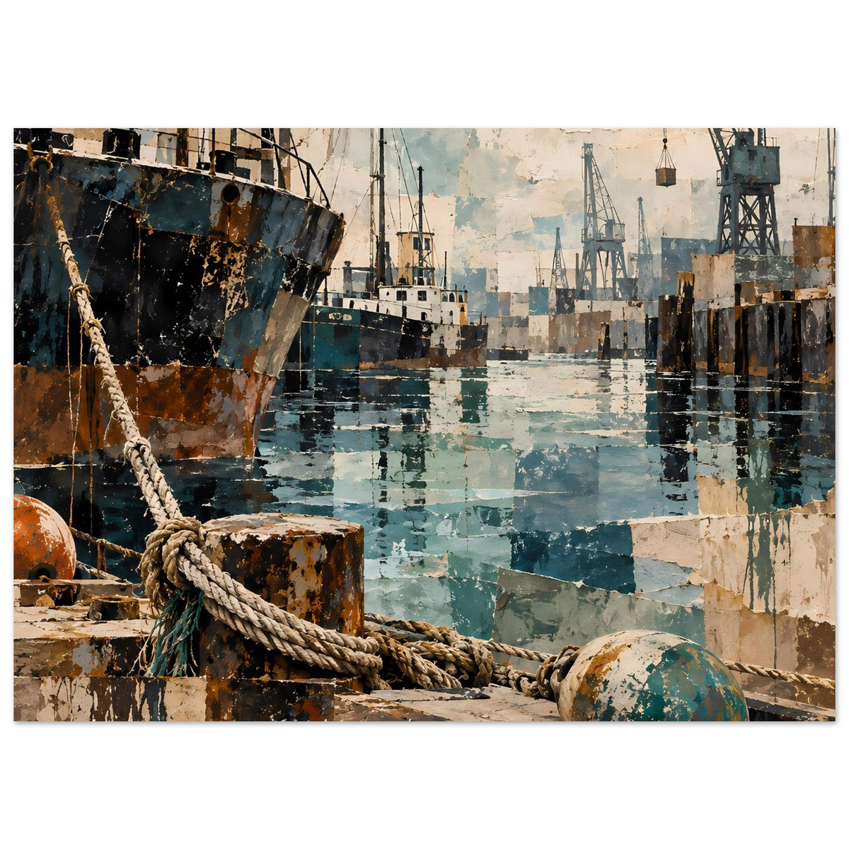 Maritimes Poster: Großes Schiff an der Kaimauer, Seil vorne, Hafenkräne und Schiffe hinten.
