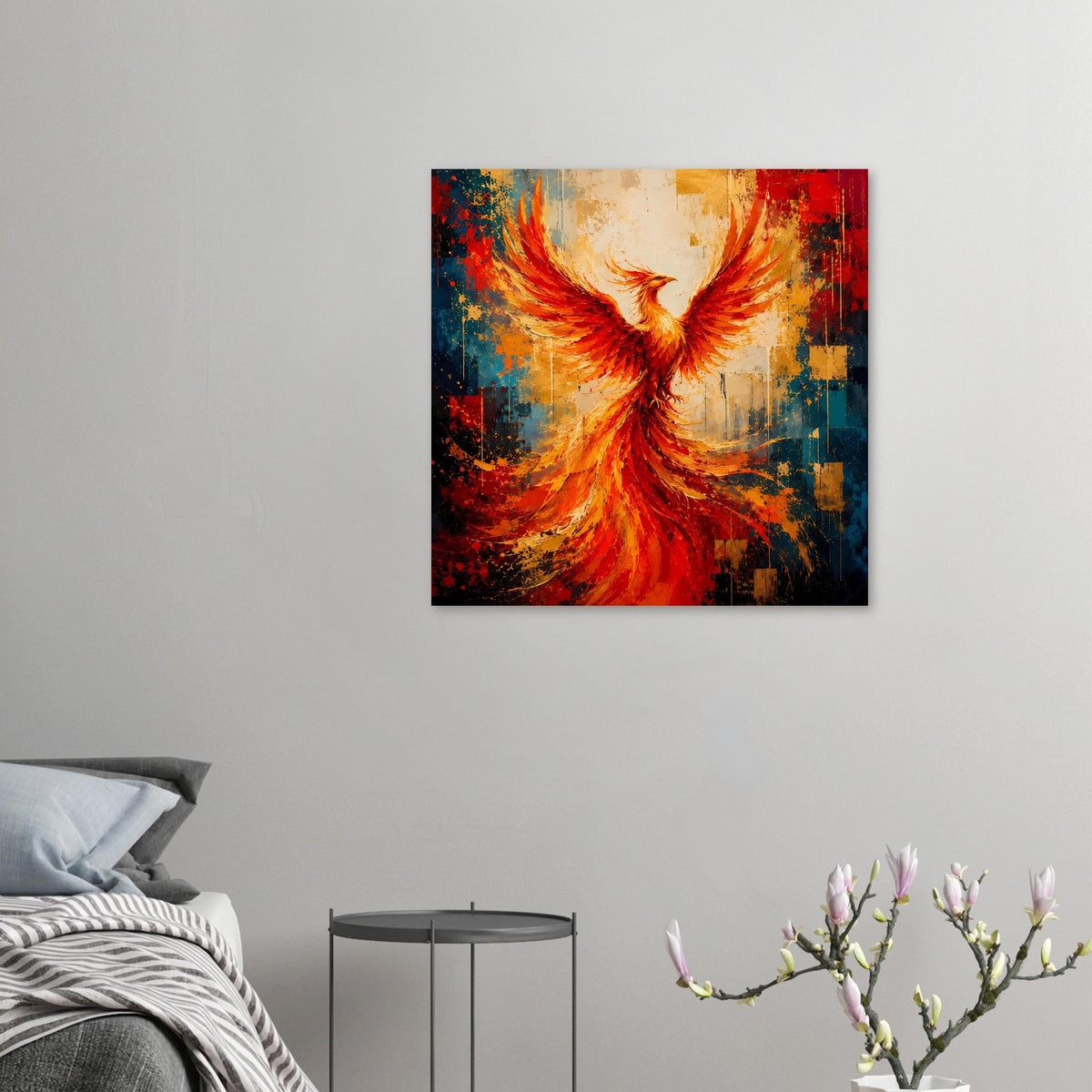 Kleines Phönix-Poster im Querformat mit Flügeln in Rot-Orange und abstraktem Hintergrund