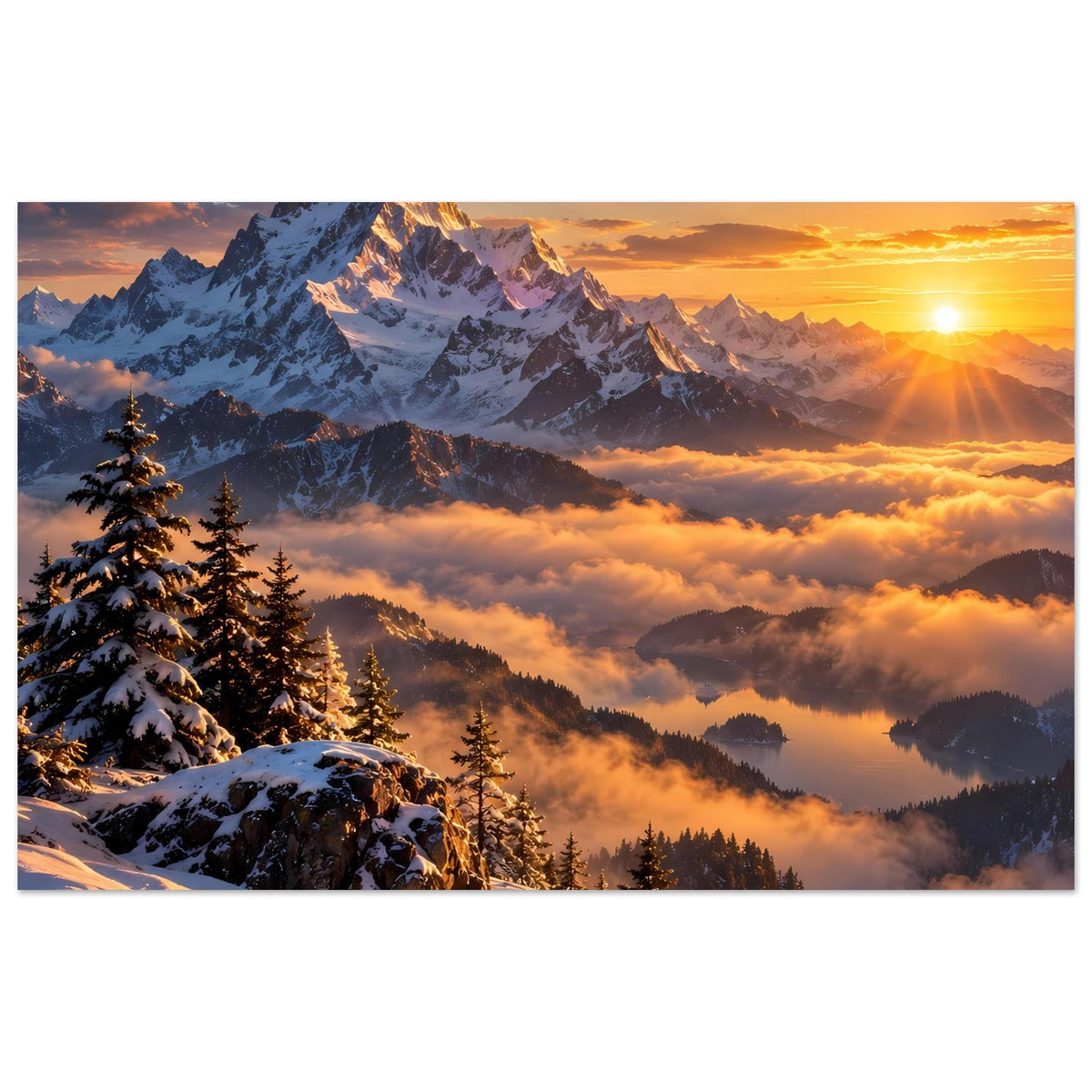 Horizontales Poster mit Berglandschaft im Sonnenaufgang, Wolkenmeer und verschneiten Fichten