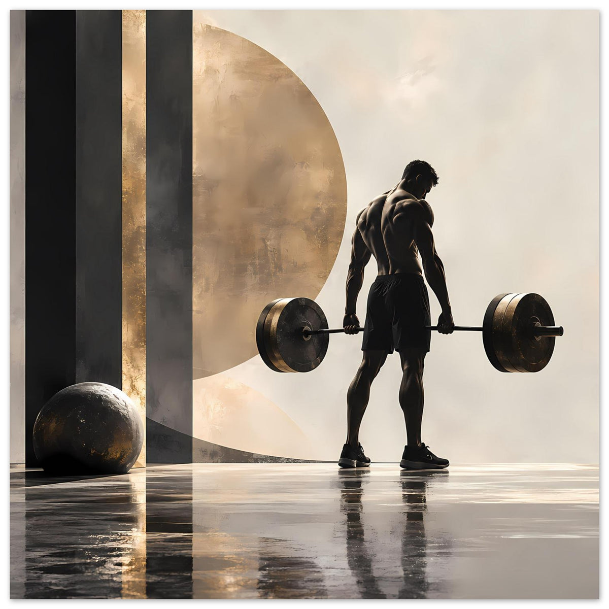 Krafttraining-Poster: Figur stemmt Langhantel, dunkle Säulenoptik und goldene Akzente