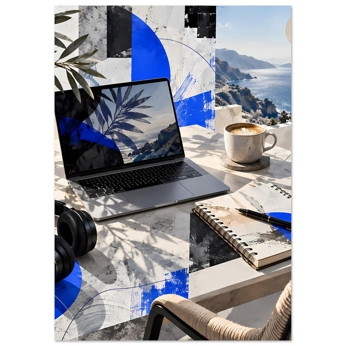 Rechteckiges Küstenposter mit Landschaft aus Meer, Bergen und dunklen Blöcken sowie blauen Akzenten