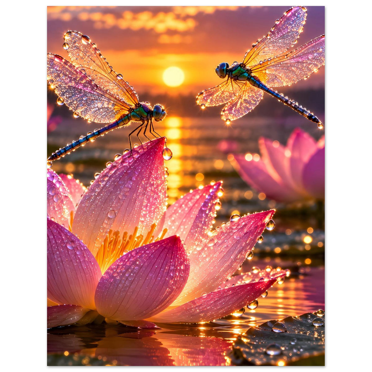Poster mit zwei Libellen über rosa Lotusblüten, funkelnde Details