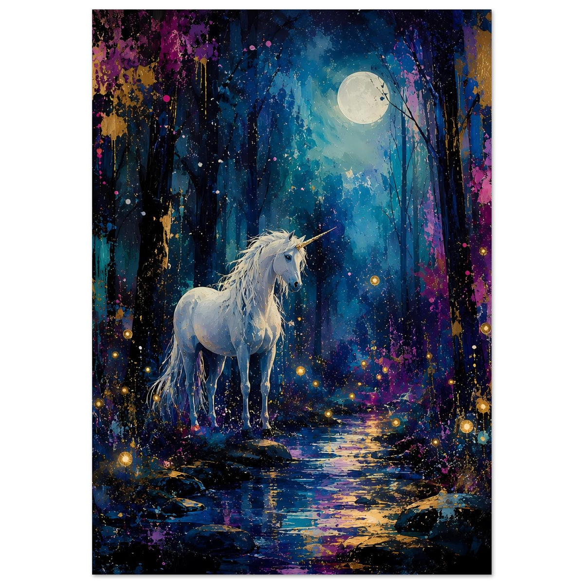 Einhornposter im Hochformat: weißes Einhorn vor Mond über Waldweg, funkelnde Lichter
