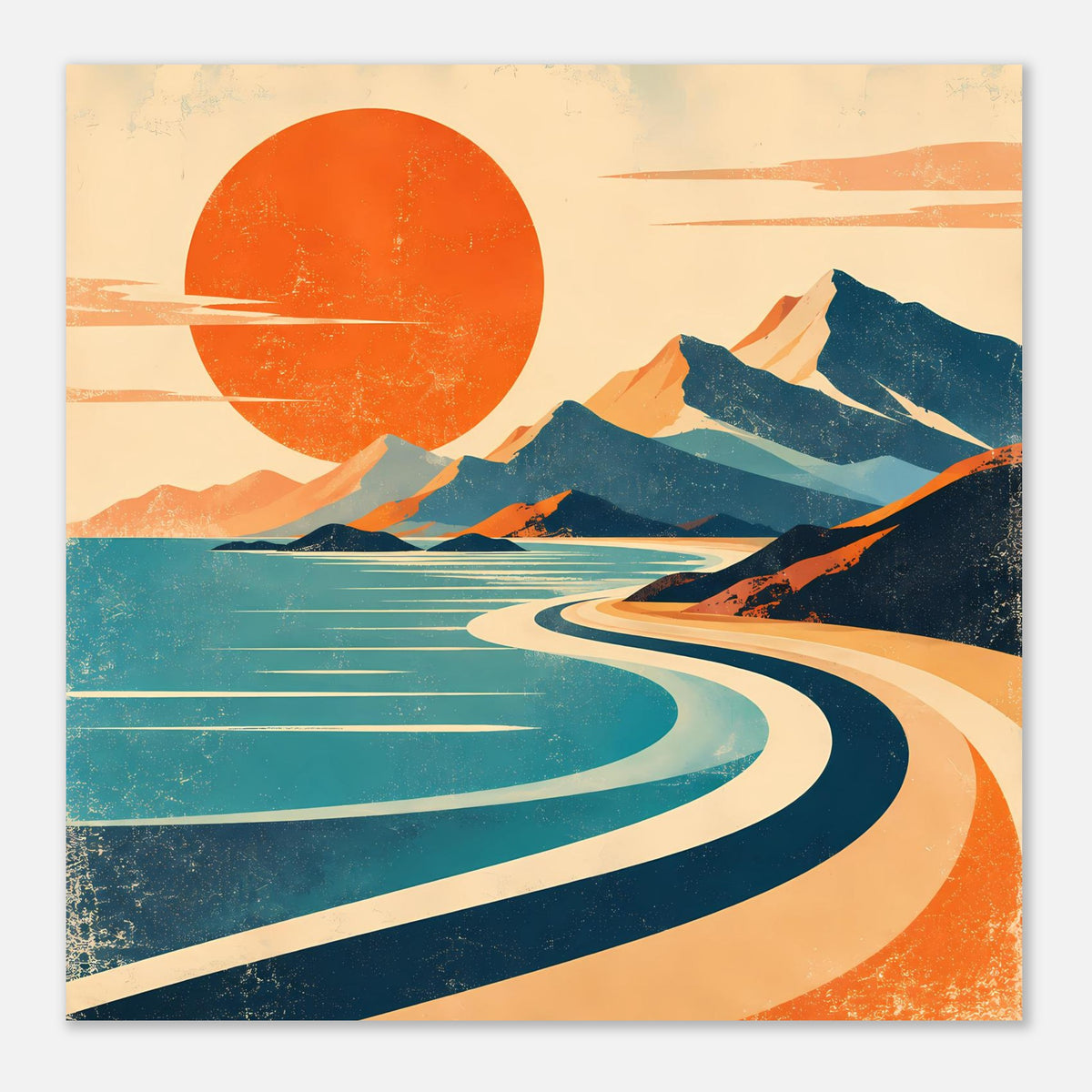Vintage-Poster, quadratischer Ausschnitt: orange Sonne, blaue Berge, türkisfarbenes Wasser