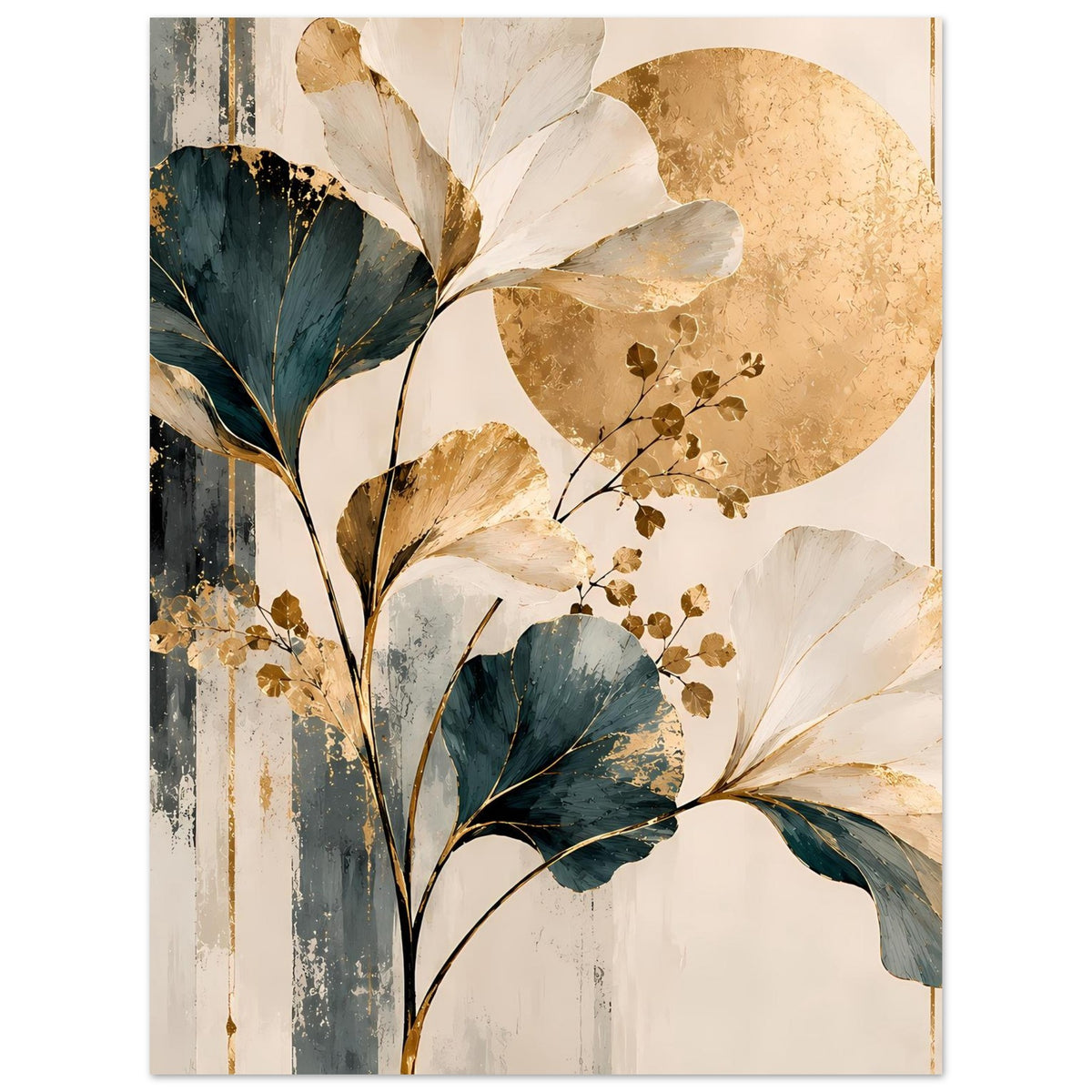 Poster mit Ginkgoblättern in Gold und Dunkelgrün sowie großer runder Sonnenscheibe