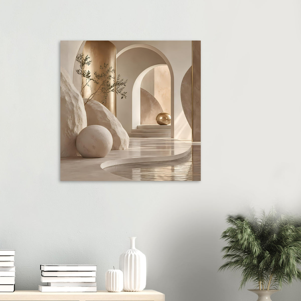 Architekturposter in warmen Sand- und Goldtönen mit Rundbogen, Säule und Kugel