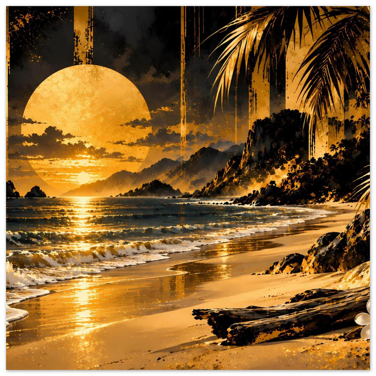 Beach-Sonnenuntergangsposter: Strand mit goldenem Licht, Wellen und Palmen