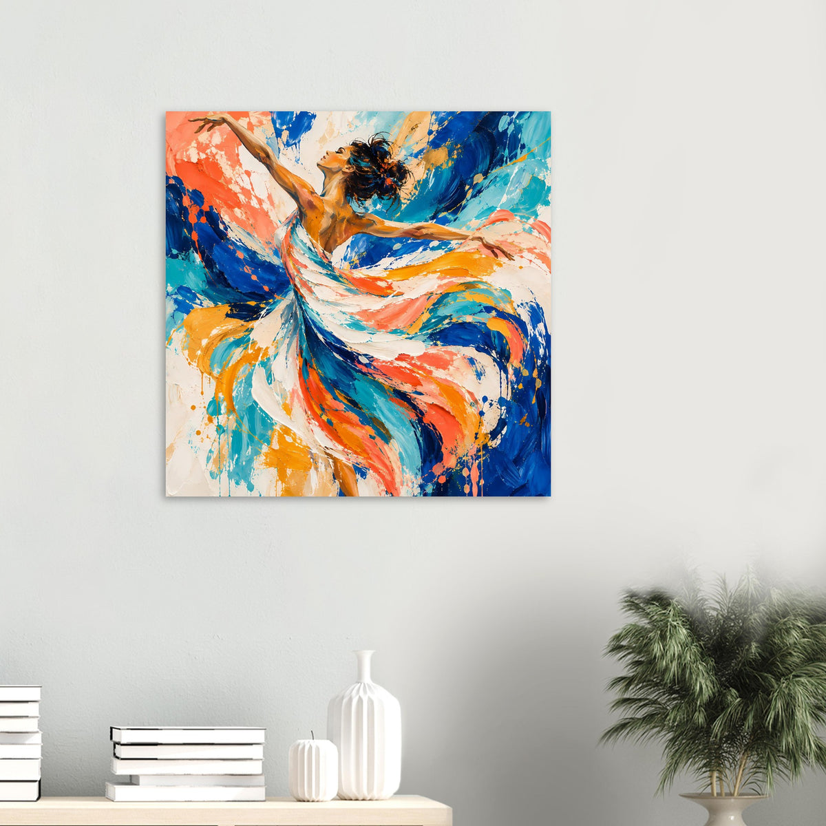 Kunstdruck-Poster klein: abstrakte Tänzerin, Blau, Orange, Weiß, Farbkleckse, Querformat.
