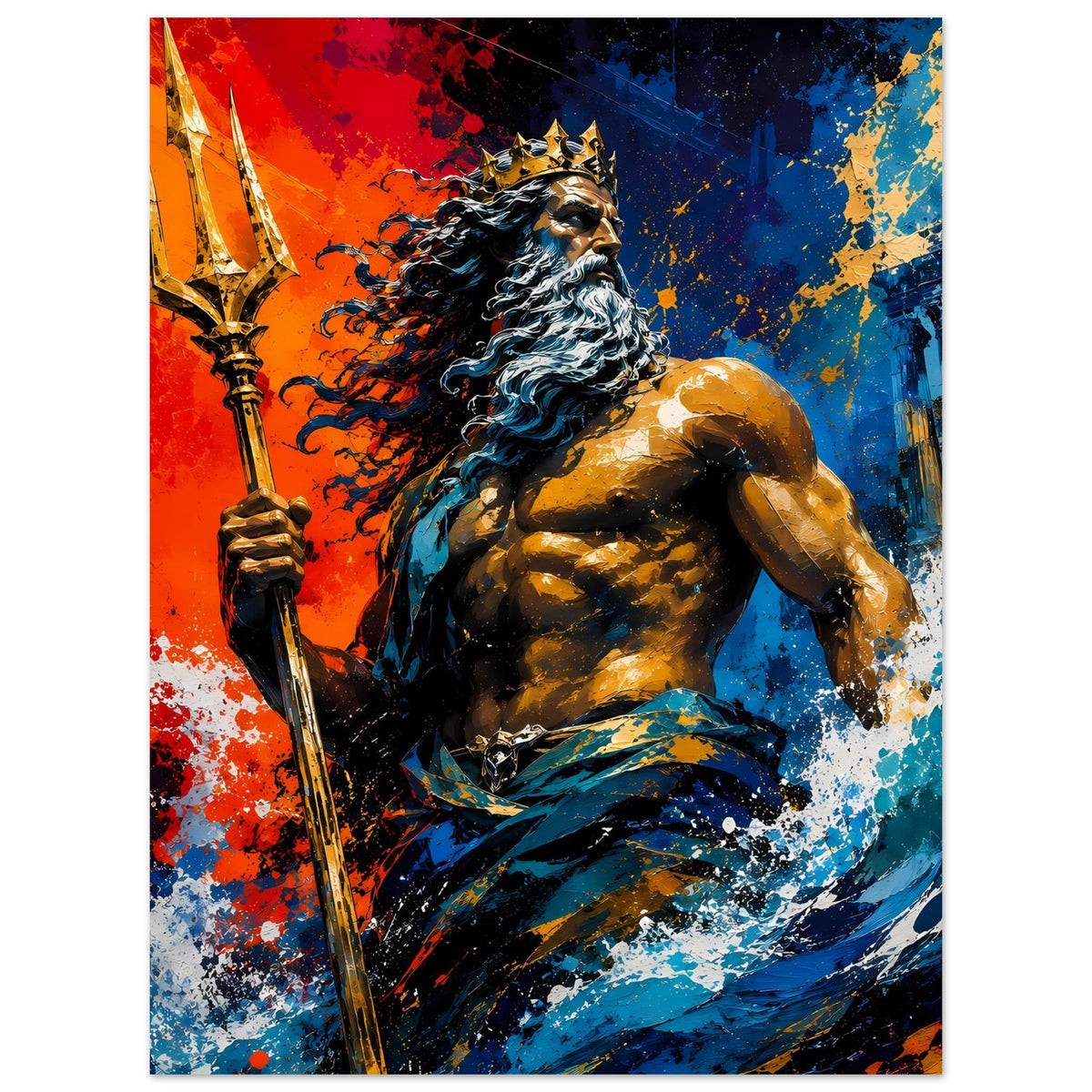 Mythologisches Neptun-Poster mit bärtigem König, Dreizack in der Hand, starke Rot-Blau-Spritzer