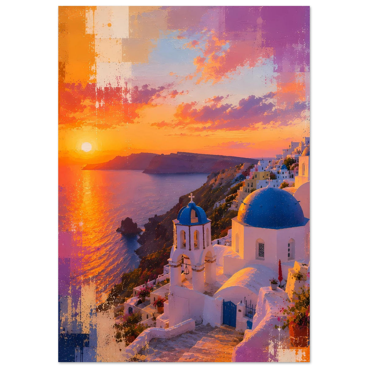 Santorini-Sonnenuntergangs-Poster mit Kirche, blauer Kuppel und Küste im warmen Farbverlauf
