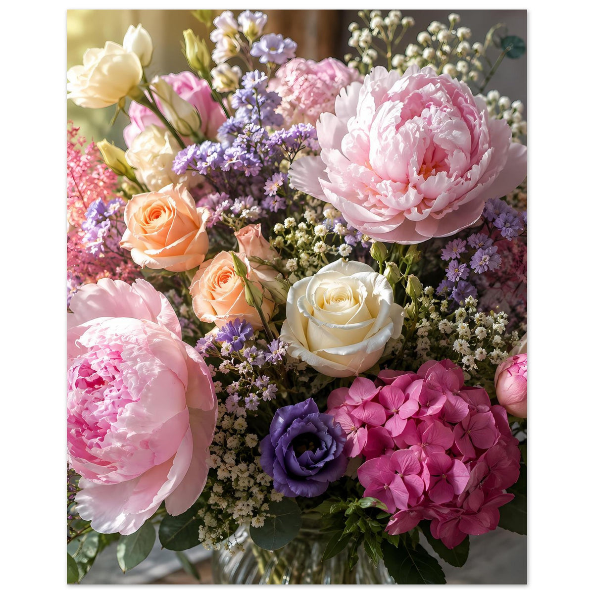 Blumenstrauß-Poster: rosa Pfingstrosen, lila Blüten, orange und weiße Rosenakzente