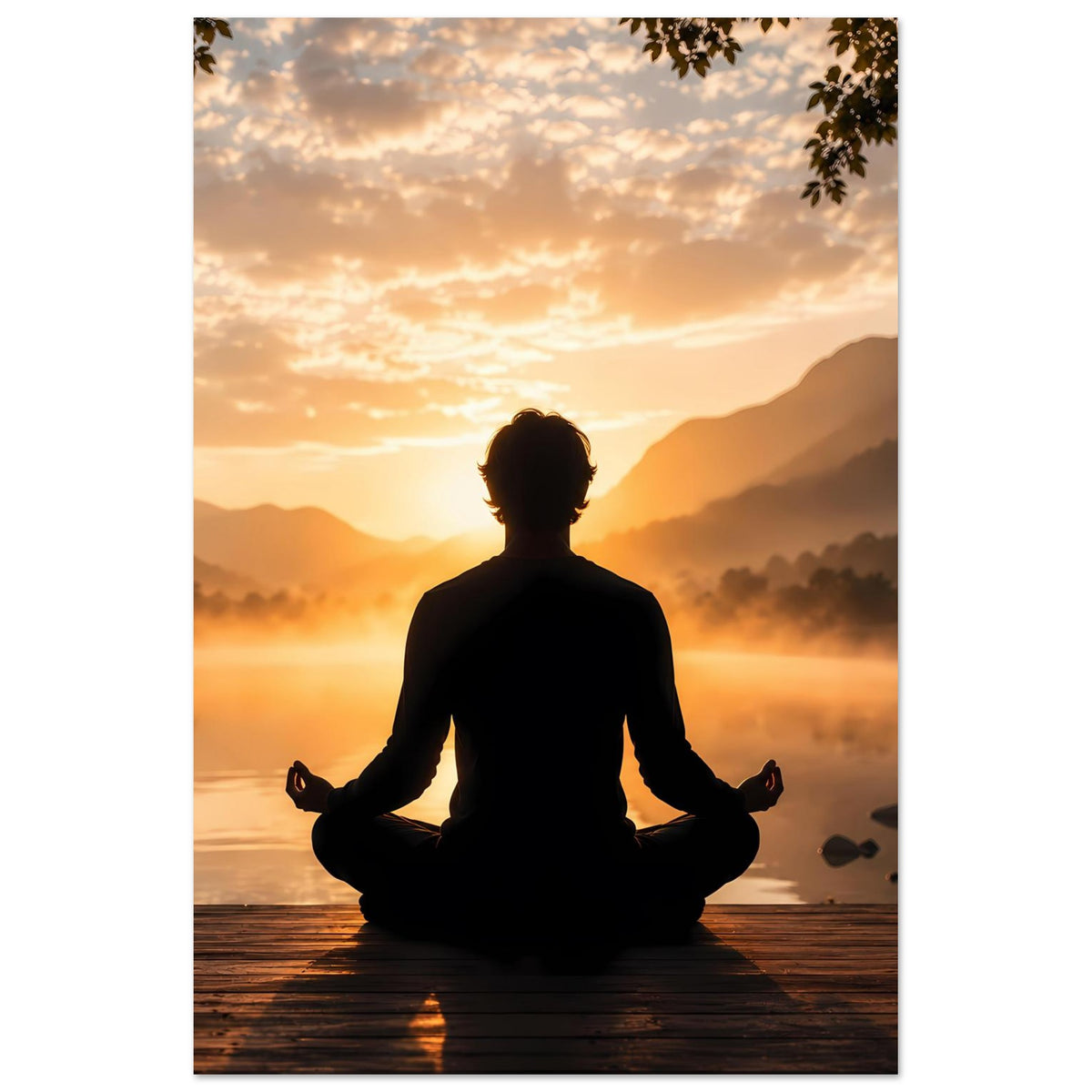 Meditationsposter Hochformat mit Lotossitz-Silhouette und warmem Morgenhimmel