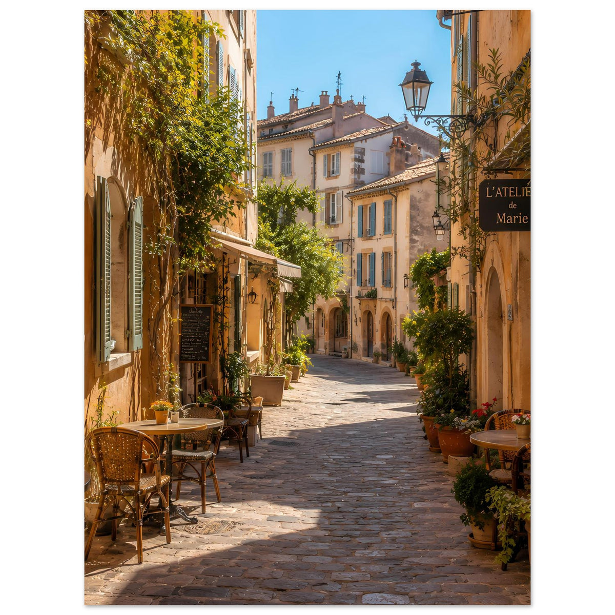 Vertikales Poster mit mediterraner Gasse, Cafétischen und historischen Fassaden