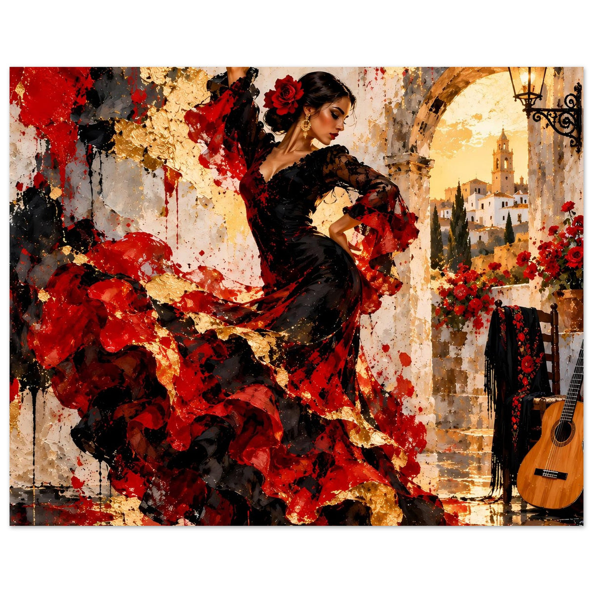 Poster mit Flamenco-Tänzerin in Schwarz; roter Blumen-Schmuck im Haar, rote Spritzer im Hintergrund