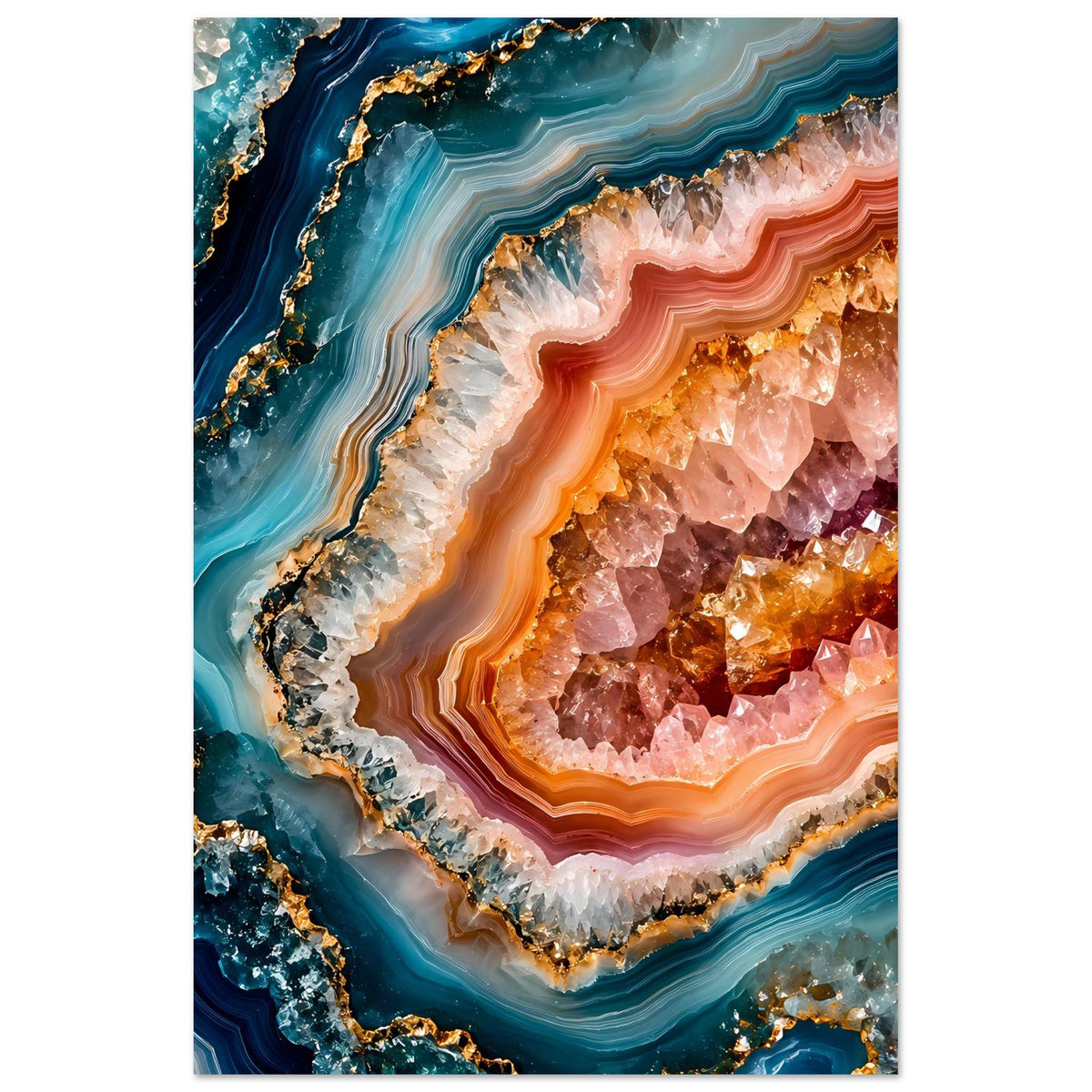 Hochkant-Poster mit Geoden-Kristallkunst: orange Aderkreis, türkisblauer Rand