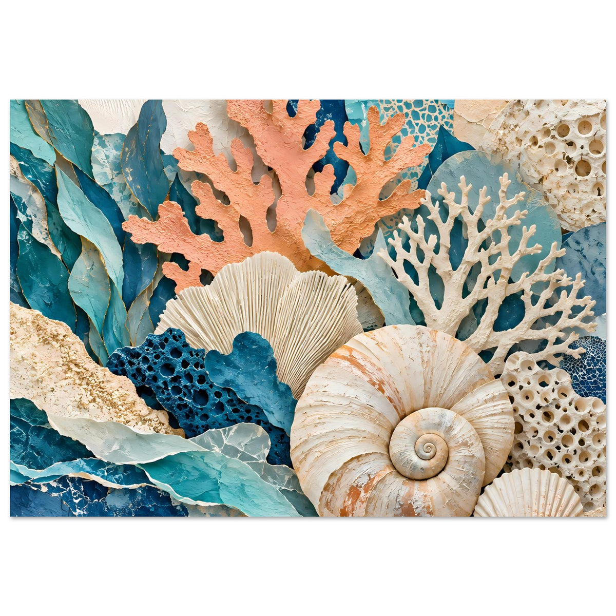 Rechteckiges Poster mit Korallen- und Muscheldesign, mehrere Muscheln und Seetang-Formen