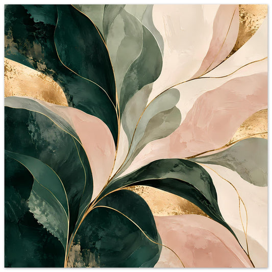 Kunstposter mit abstraktem Blattmotiv in Smaragdgrün, Rosé und Gold