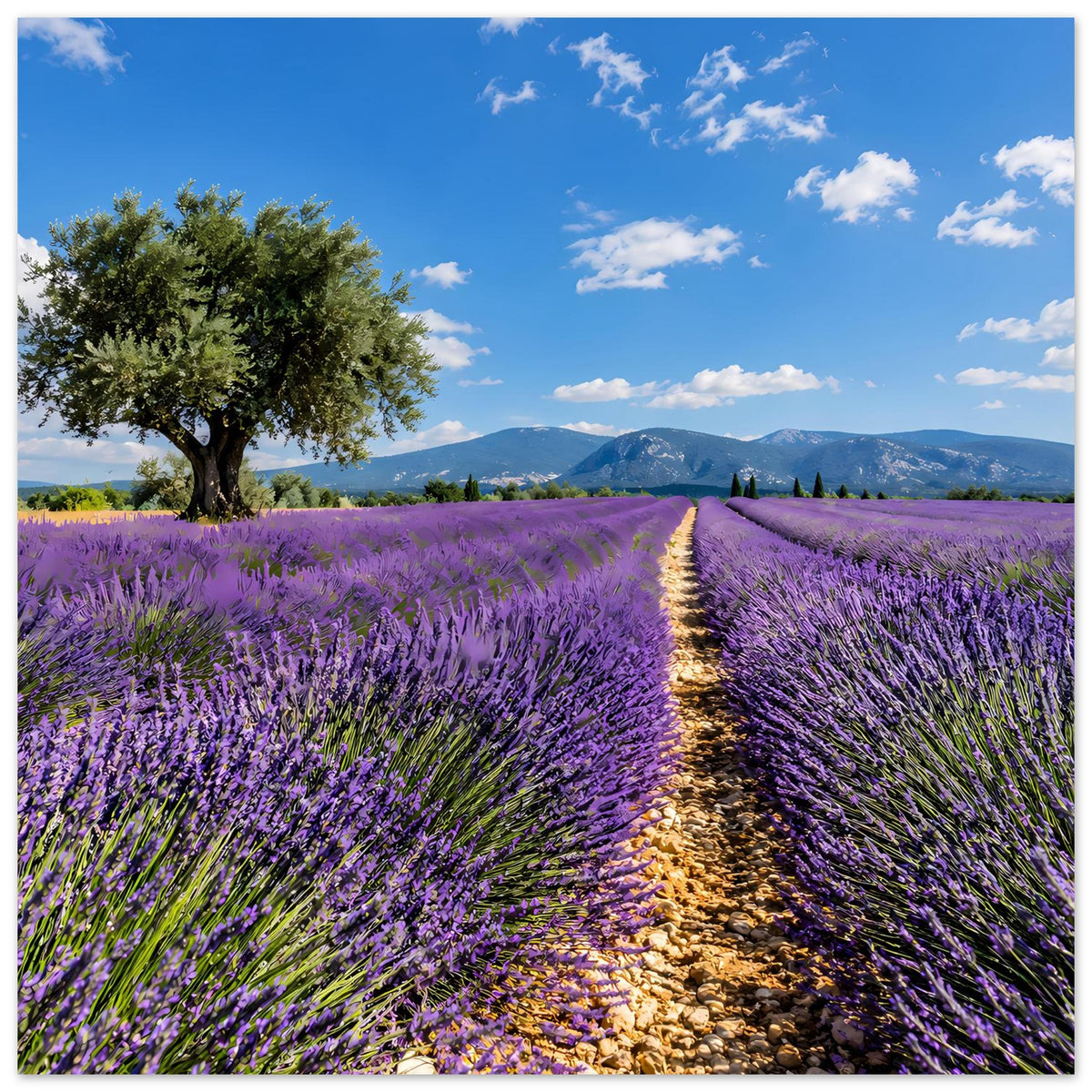 Lavendelfeld-Poster mit Weg durch Lavendel, großer Baum links, Bergkette und blauer Himmel