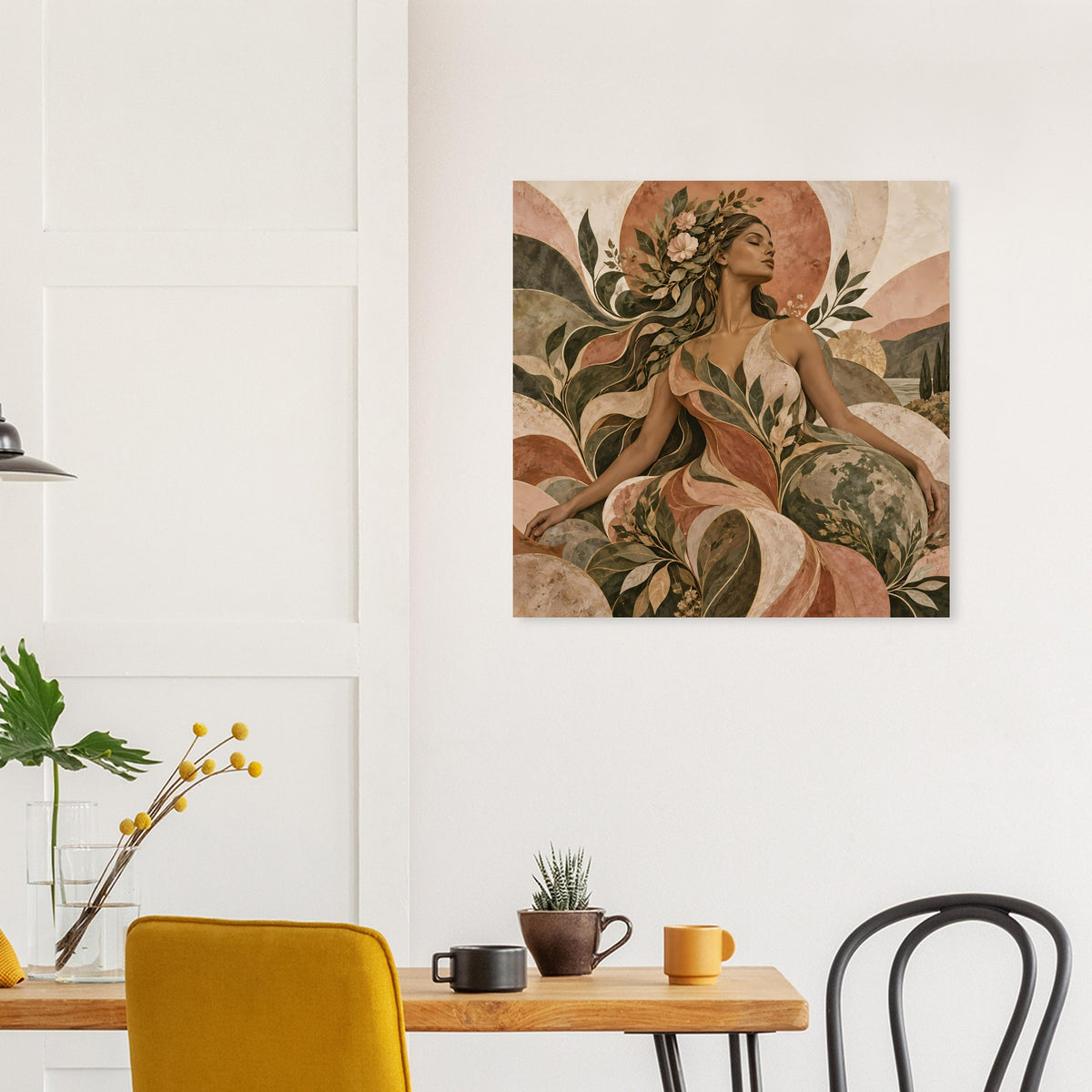 Kunstposter mit Frau im floralen Design, Naturbraun und Olivgrün mit beige Akzenten