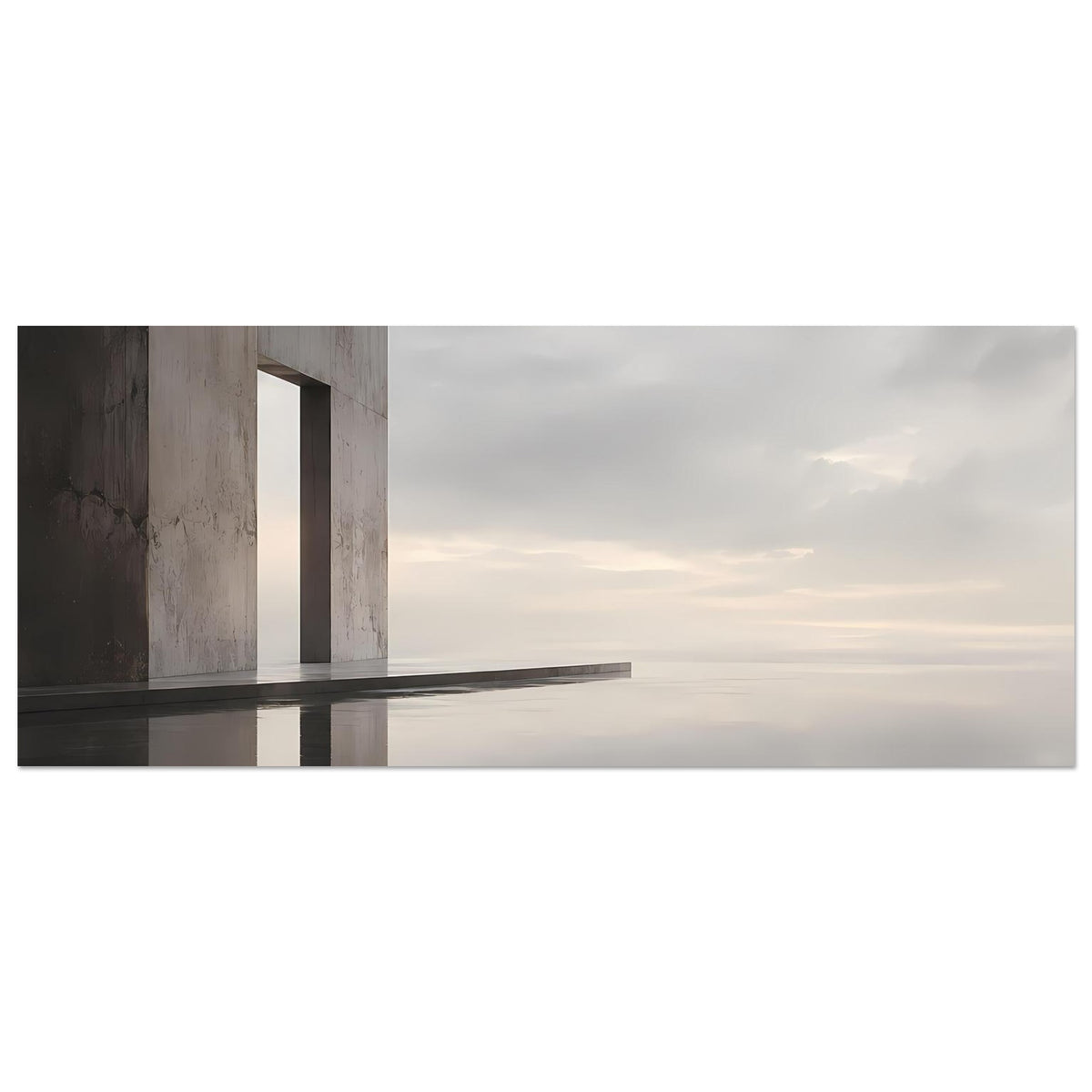 Architekturposter im Querformat mit Betonfassade und ruhigem Wasser-/Wolkenhorizont