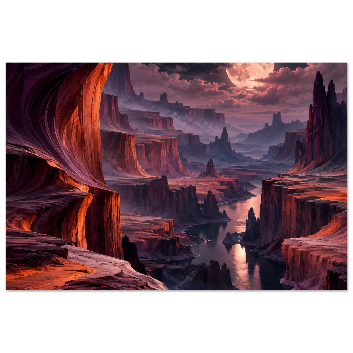 Horizontales Landschaftsposter mit roter Canyon-Schlucht, Fluss und nächtlichem Himmel mit Mond