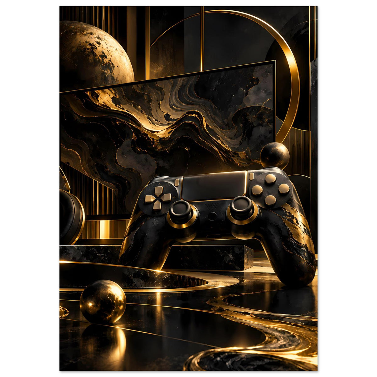 Gaming-Poster (hochformat): Gamecontroller in Schwarz-Gold mit Kugel-Reflexen
