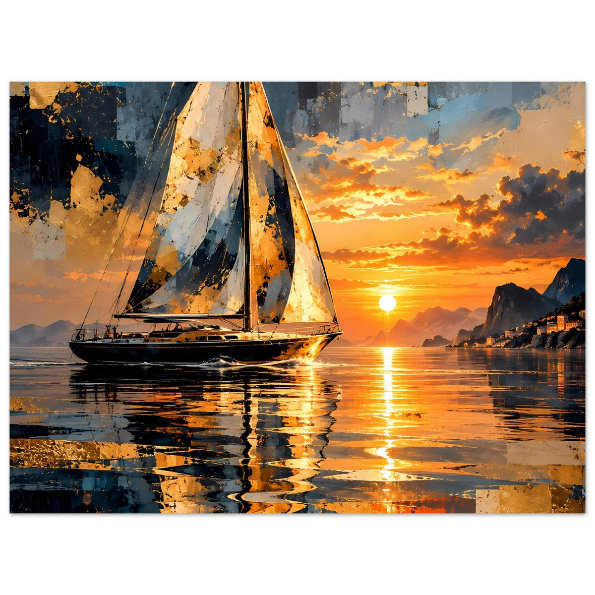 Poster mit Segelboot bei Sonnenuntergang, orangefarbener Himmel und Spiegelung im Wasser